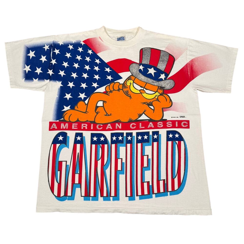 Vintage Garfield AOP American Classic Shirt USA Flag 90s Cartoon 4th of July XL